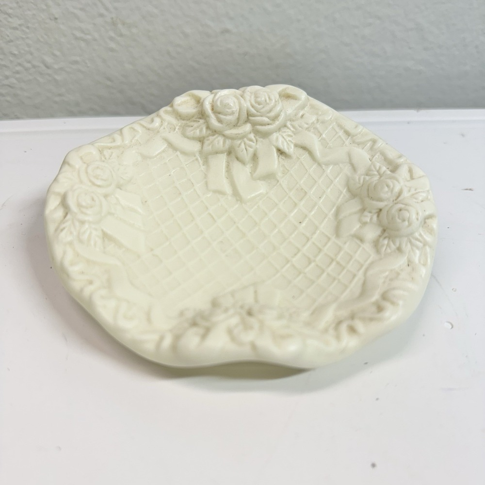Vintage Off White Bisque Porcelain Rose Ribbon Ring Trinket Dish 4.75"